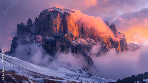 A rugged mountain peak, with swirling clouds as the background, during a dramatic sunset