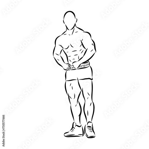 Posing bodybuilder, isolated vector silhouette, ink drawing