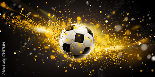 A soccer ball in the air with confetti falling out of the sky 