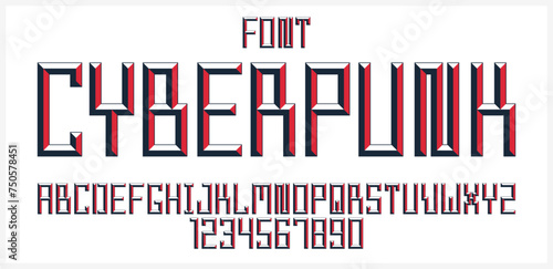 Minimal geometric cyberpunk font with facet effect, vector typeface in geometry volume style, future technology 3D urban beveled typography, alphabet letters and numbers.