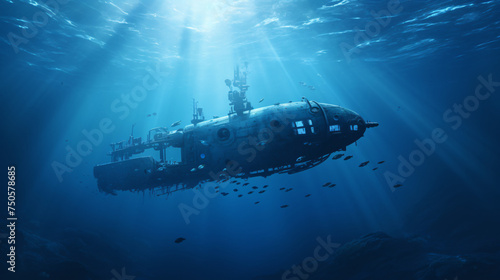 A lone submarine ventures into the blue abyss a sy