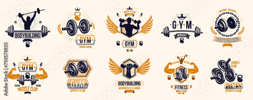 Gym fitness sport emblems and logos vector set isolated with barbells dumbbells kettlebells and muscle body man silhouettes and hands, athletics workout sport club, active lifestyle.