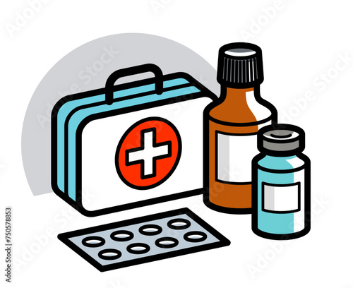 Medicine first aid medical kit theme pills and bottles 3d vector illustration isolated, medicaments and drugs, health care meds cartoon, vitamins or antibiotics, simple linear design.
