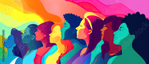 A row of women poses in front of a colorful Art paint backdrop