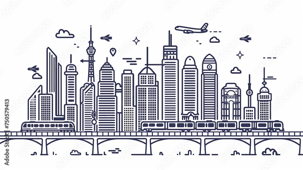 Digital illustration of a bustling modern cityscape with detailed black outlines showcasing skyscrapers, roads, and urban infrastructure against a white background.