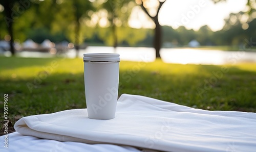 a blank thermal mug on a picnic blanket in a park photo