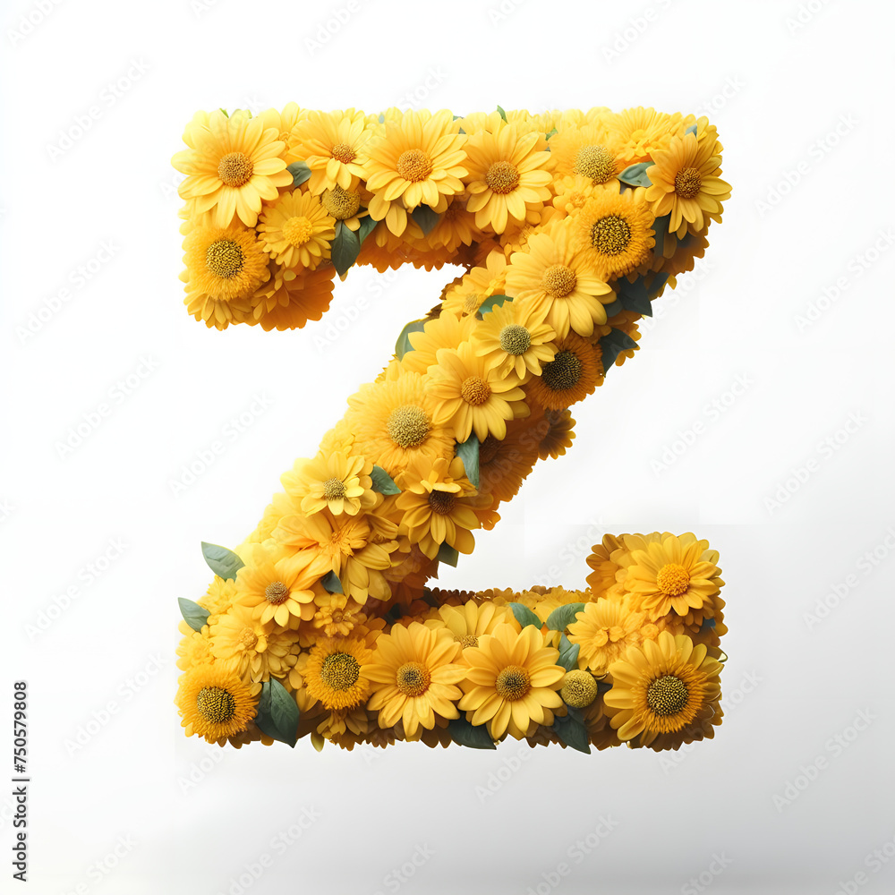 The letter Z is made out of real natural Yellow flowers, Isolated on a white background, flower font concept, Creative Alphabet, Letters