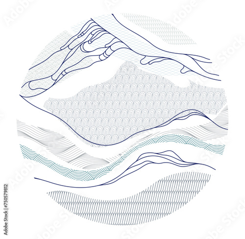 Abstract oriental Japanese art vector background in a shape of circle, traditional style design, wavy shapes and mountains terrain landscape, runny like sea lines.