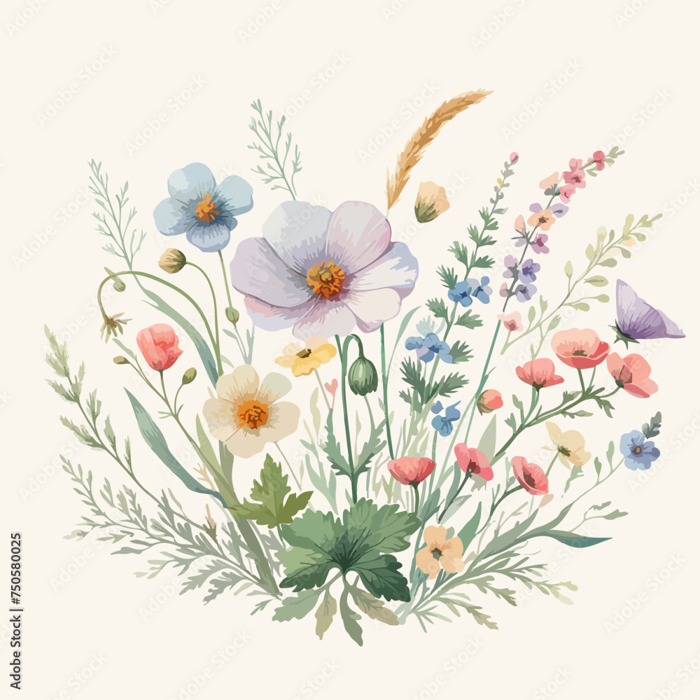 Watercolor floral backdrop decorated with spring wild flowers and leaves.