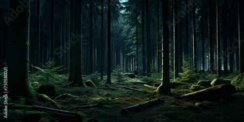 A dark forest with big tree full bright fireflies morning life beautiful scene wood passes forest background