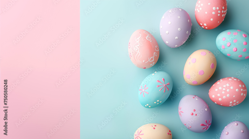 Bright color decorated easter eggs on the pastel background, 3D illustration.