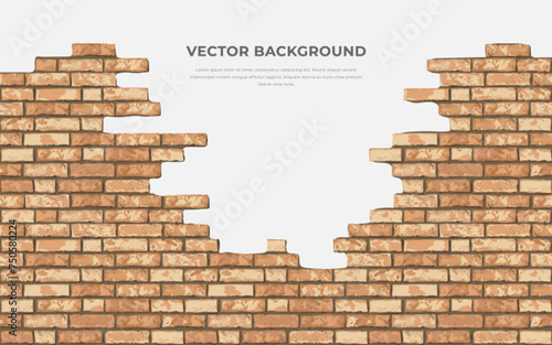 Vector realistic broken brown brick wall on white background. Hole in flat wall texture. Orange textured brickwork with gap for web, design, background, wallpaper.