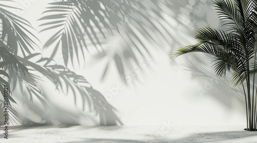 Minimalistic Elegance: White Wall with Tropical Palm Leaf Shadow Pattern