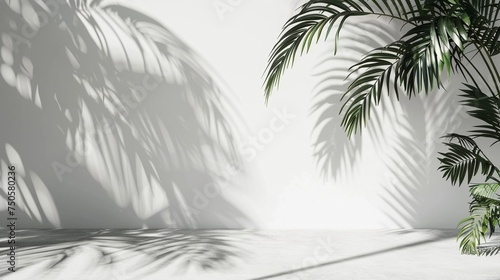Minimalistic Elegance: White Wall with Tropical Palm Leaf Shadow Pattern