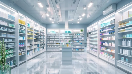 Modern clean a drugstore room with full of shelves of containing medicines. Generated AI image