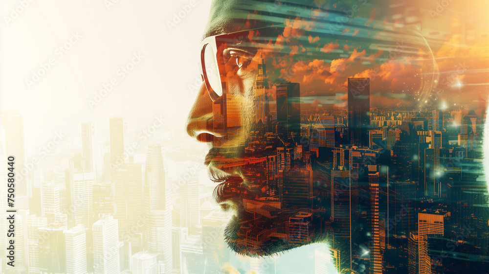 Double exposure of a contemplative man in glasses overlaying a bustling cityscape bathed in the warm glow of sunrise