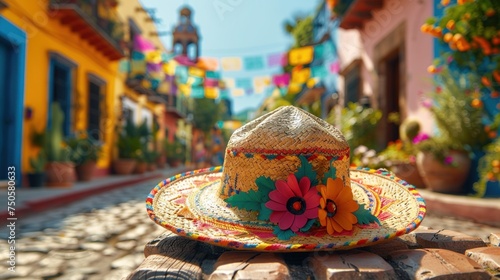Mexican wicker hat with flowers on a bench, background festively decorated street, for cinco de mayo, poster © Dmitriy