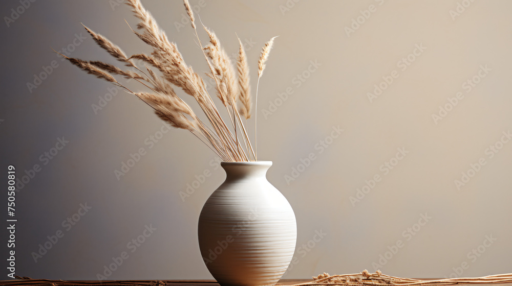 A white vase with brown dry grass