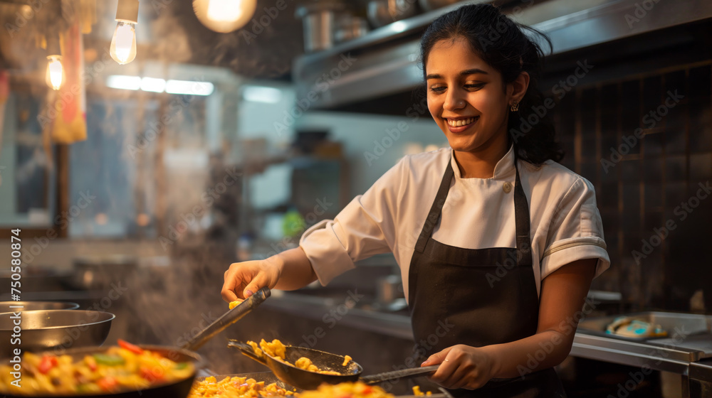 Indian female chef skillfully prepares a delicious dish in a restaurant kitchen