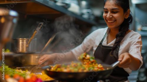 Indian female chef skillfully prepares a delicious dish in a restaurant kitchen