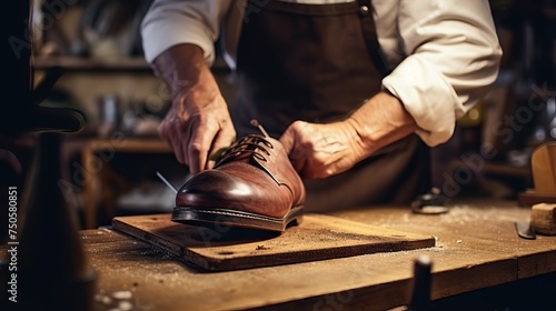 Close up of cobbler making shoes with a hammer in a shoe repair shop.