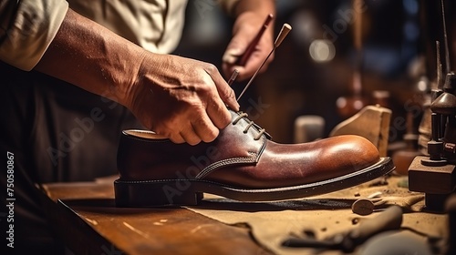 Close up of cobbler making shoes with a hammer in a shoe repair shop.


 photo