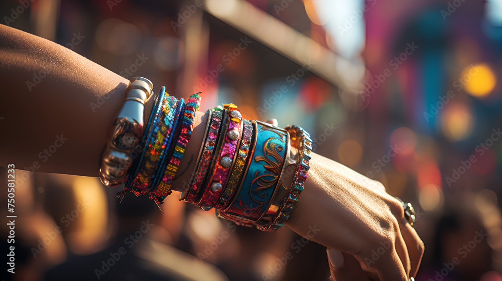 Various bracelets in women's hands at a jewelry store, women wears a beautiful multicolors bangles in hr hand - obrazy, fototapety, plakaty 