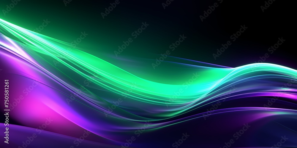 Neon green and purple 3D waves reflecting off a gleaming surface, their shiny appearance adding to their dynamic presence. - obrazy, fototapety, plakaty 