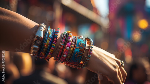 Various bracelets in women's hands at a jewelry store, women wears a beautiful multicolors bangles in hr hand photo