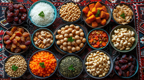 A colorful array of snacks and dried fruits on an ethnic rug. Includes nuts, dates, chickpeas, and more. This image is perfect for: food photography, snack assortment, ethnic cuisine.