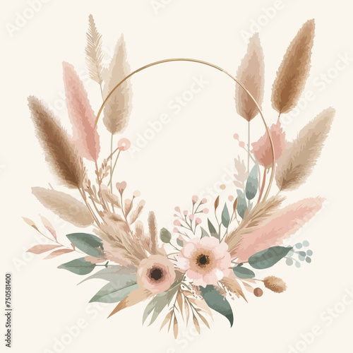 Round watercolor frame border with dried flowers.