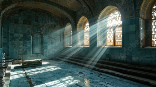 Rays of light pierce the quietude of an ancient bathhouse  reflecting off the water-soaked marble and creating a mystical atmosphere in this tranquil haven. Turkish hammam