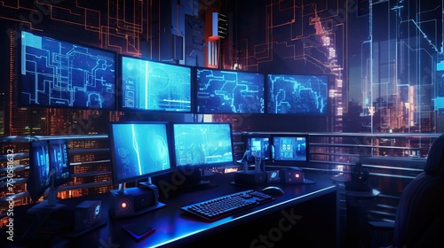 Cyberpunk Industrial room with huge monitors on the screens of which there is a lot of data. Hacker's lair. Futuristic 3D illustration.