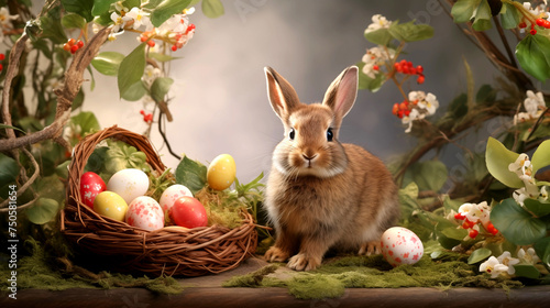 Happy Easter greeting banner. The Easter bunny sits next to decorated eggs in the style of vintage photo.