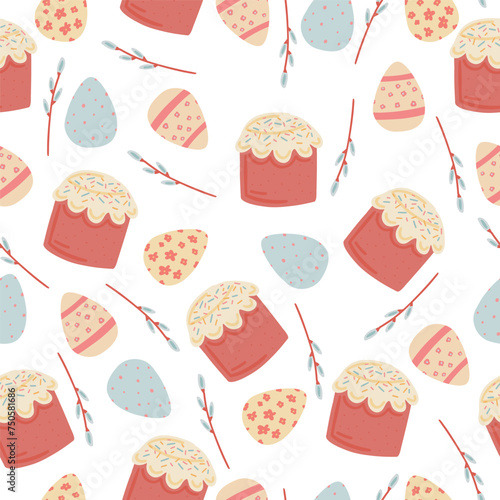 Easter cake and eggs flat design seamless pattern