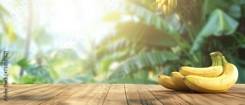 Ripe Bananas on Wooden Table in Tropical Setting, Ripe yellow bananas resting on a wooden table with a scenic backdrop of lush tropical greenery and banana trees.