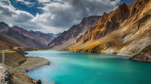 Tranquil beauty of Zanskar River's turquoise hues amidst majestic mountains