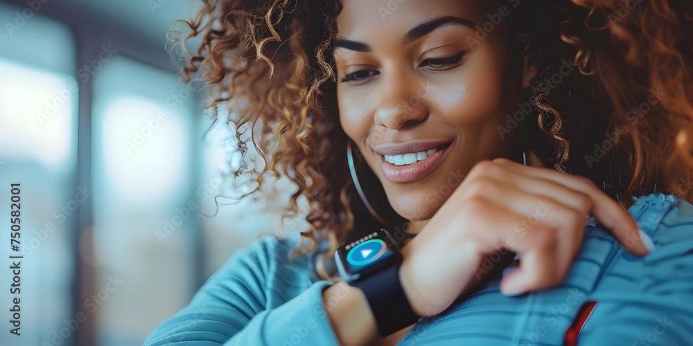 Woman Smiling at her Smart Watch - obrazy, fototapety, plakaty 