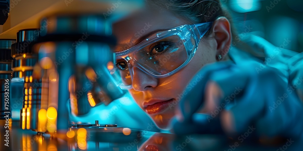 Woman Scientist Using Microscope in Lab with Volumetric Lighting Woman Scientist Using Microscope in Lab with Volumetric Lighting