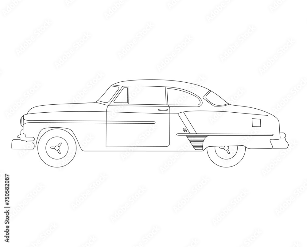 Line art drawing of a classic car from the 50s