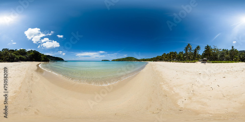 Fototapeta Naklejka Na Ścianę i Meble -  Clear sea waves crashing over sandy beach in Duli Beach. Blue sky and clouds. El Nido. Palawan. Philippines. VR 360.