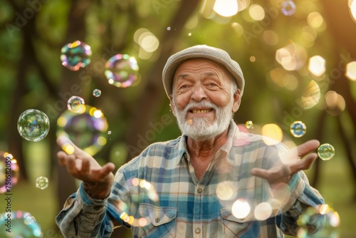A beaming elderly man in a hat and plaid shirt plays with shimmering soap bubbles in a sunlit park  exuding joy and a youthful spirit.