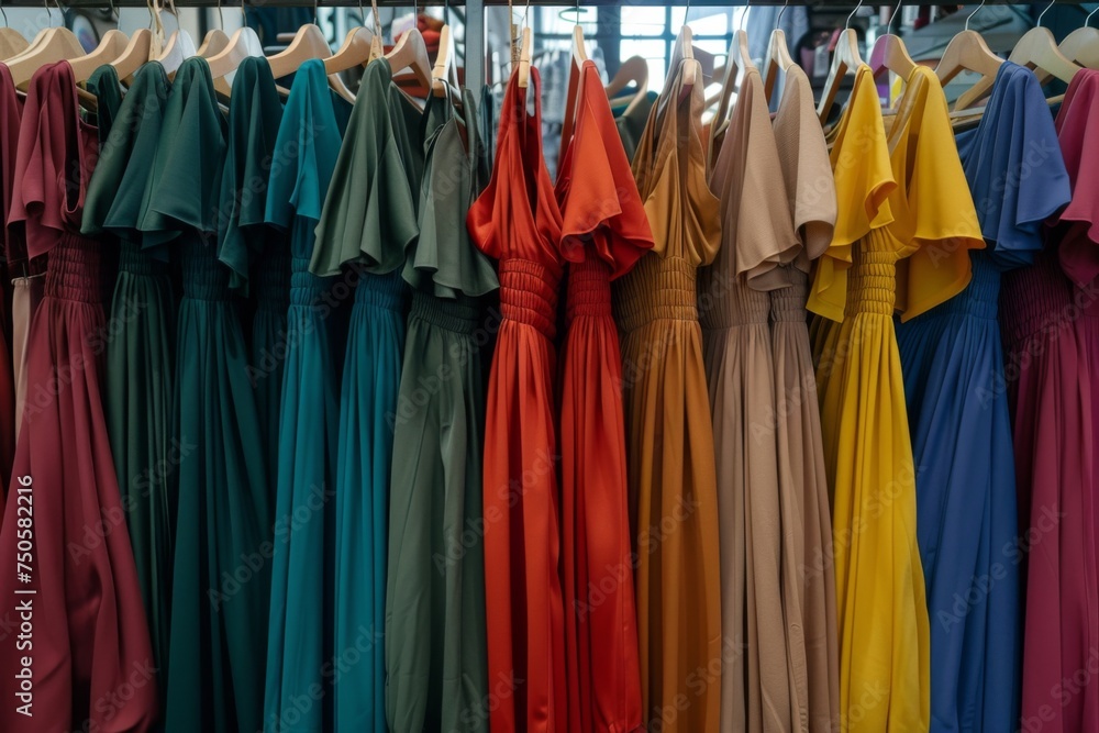 Richly colored dresses in a striking array of jewel tones hang side by side, offering a visual feast of teal, maroon, mustard, and more, capturing the essence of modern elegance. Richly colored dresses in a striking array of jewel tones hang side by side, offering a visual feast of teal, maroon, mustard, and more, capturing the essence of modern elegance.