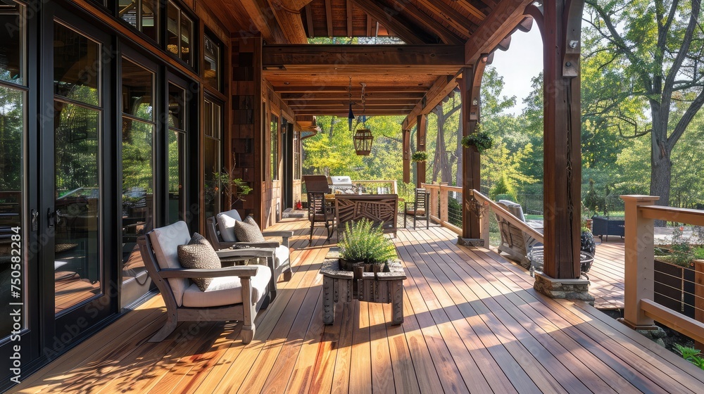Big wooden cozy porch with chairs and coffee table in the back of big residence
