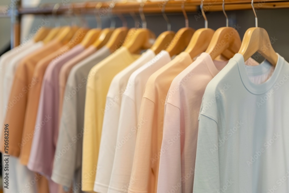 Obraz premium A range of pastel-colored shirts hangs on a shop rack.