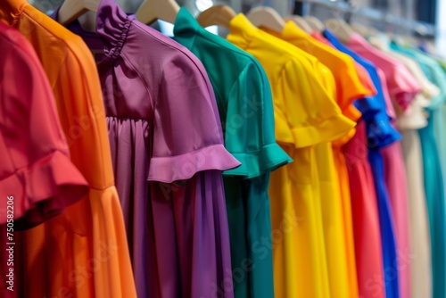 A stunning line-up of vibrant, colorful dresses with unique sleeve details, displayed in a retail setting, highlighting fashion diversity.