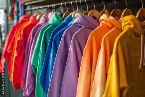 A vibrant selection of hoodies in rainbow hues neatly hung in a row, showcasing casual fashion.
