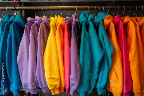 A lively display of hoodies in a spectrum of vibrant colors, hanging on a store rack, capturing the essence of colorful and energetic urban fashion.