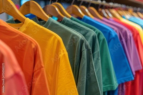 Close-up of plain T-shirts in a rainbow array, each on a wooden hanger, depicting a selection of colorful casual wear.
