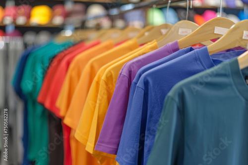 A selective focus on a row of plain T-shirts in an array of bold colors, each draped over a wooden hanger, signifying diverse fashion choices.